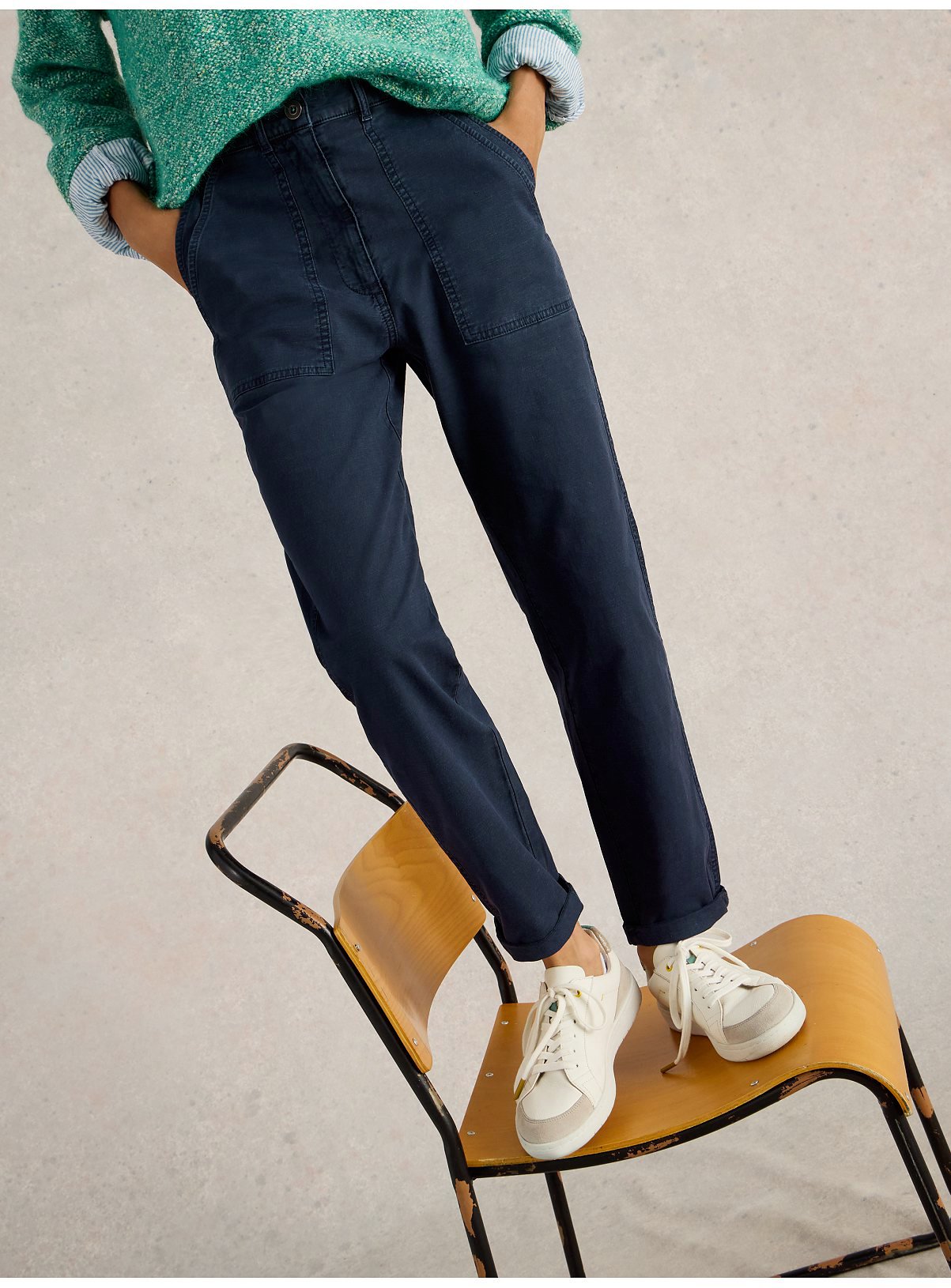 WHITE STUFF Twister Chino Trouser With Linen Navy 