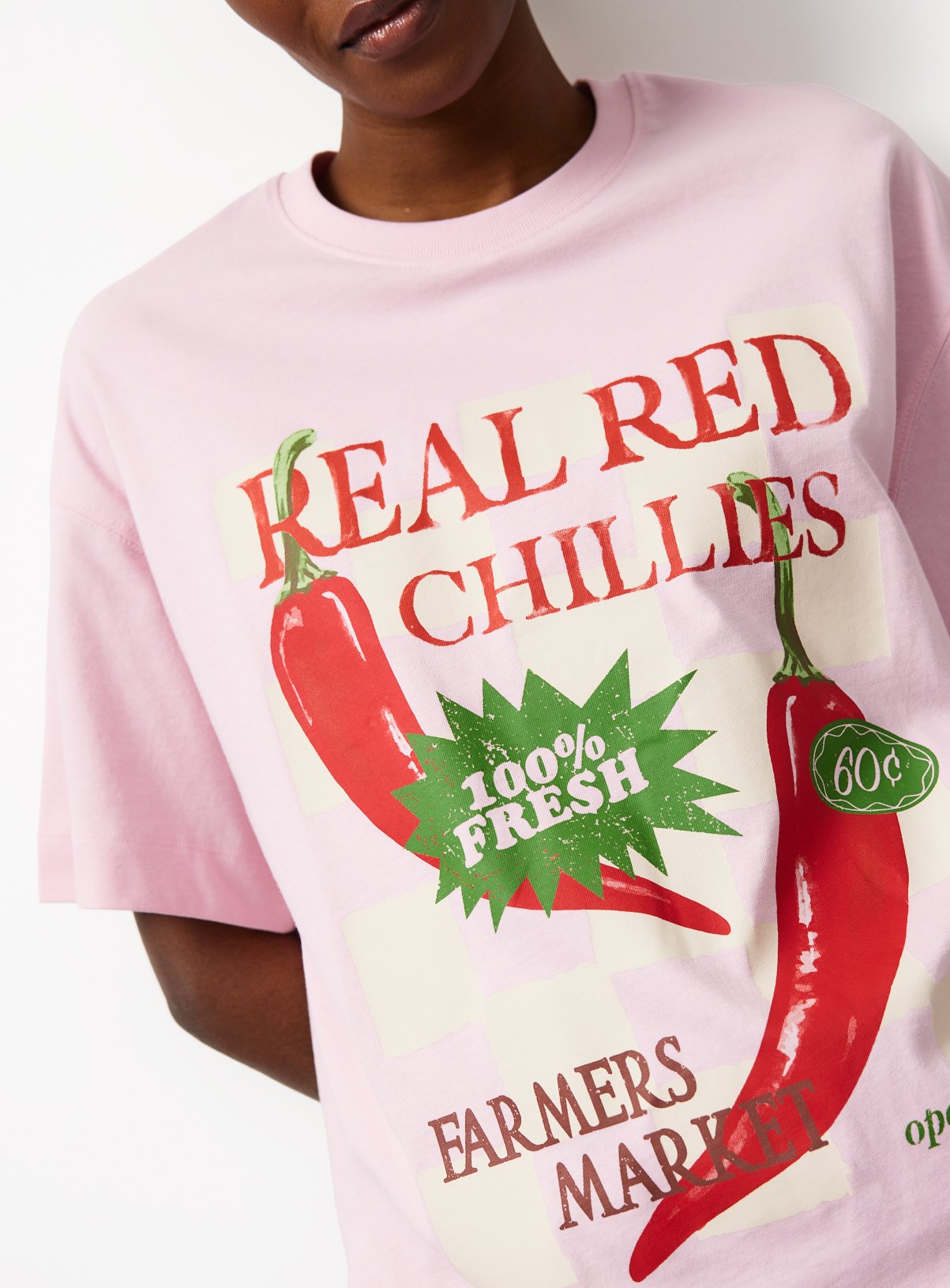 Pink Red Chillies Print Oversized Graphic T-Shirt M