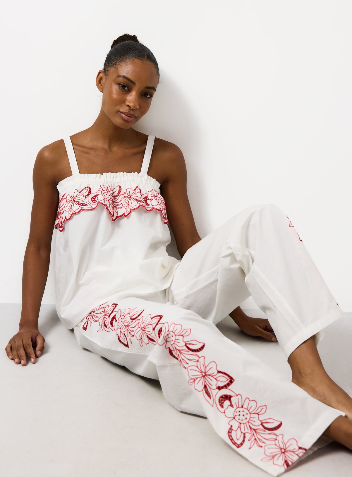 White Floral Embroidered Poplin Cami Pyjamas 