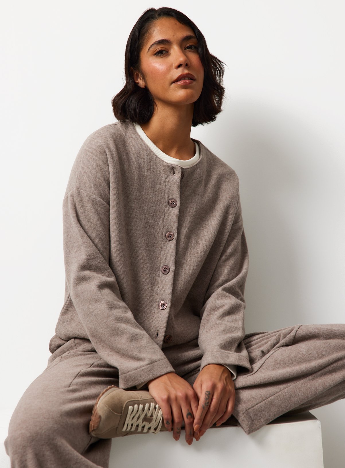 Mocha Button Soft Touch Co-ord Cardigan 