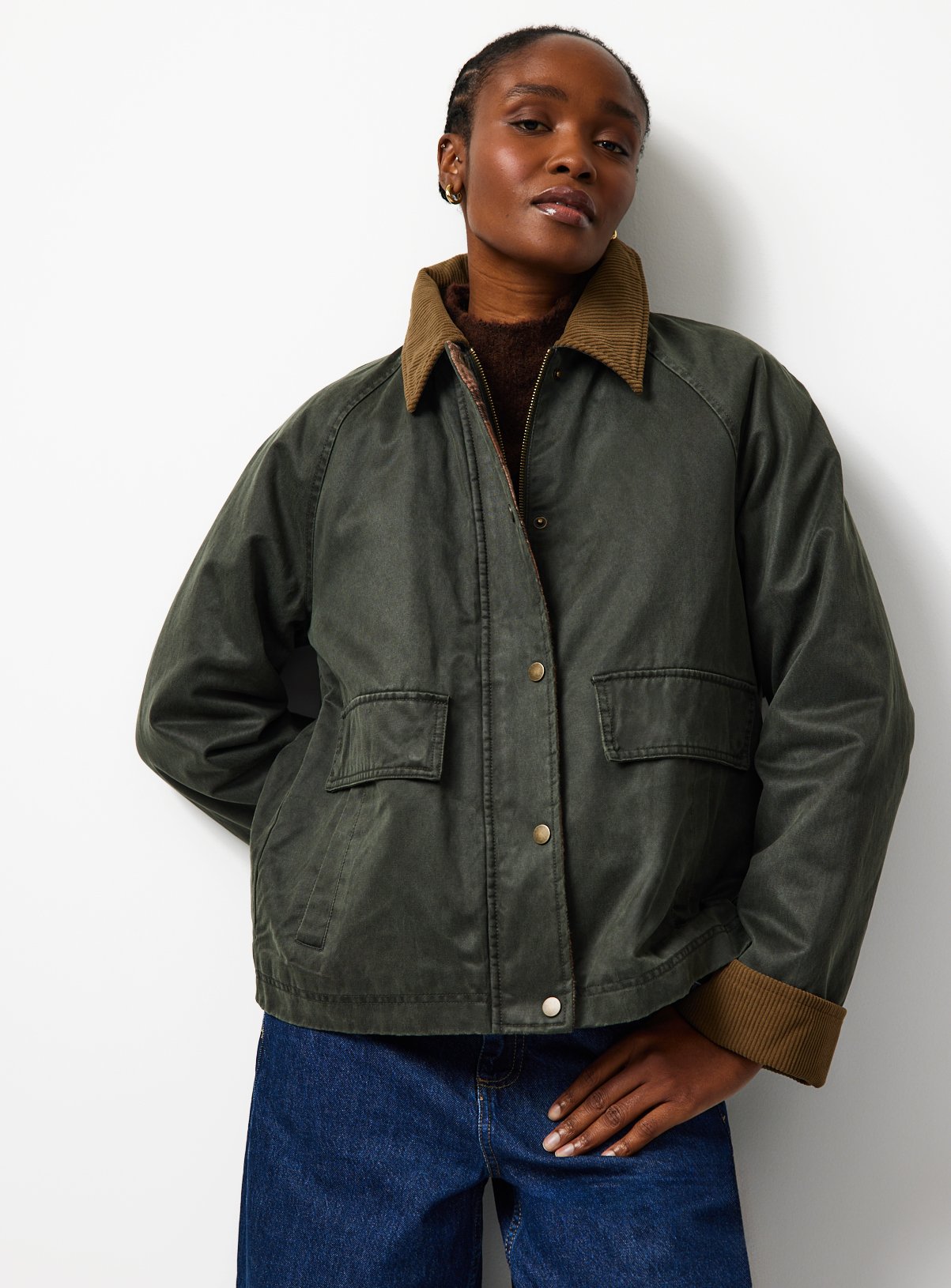 Khaki Corduroy Collar Wax Barn Jacket 