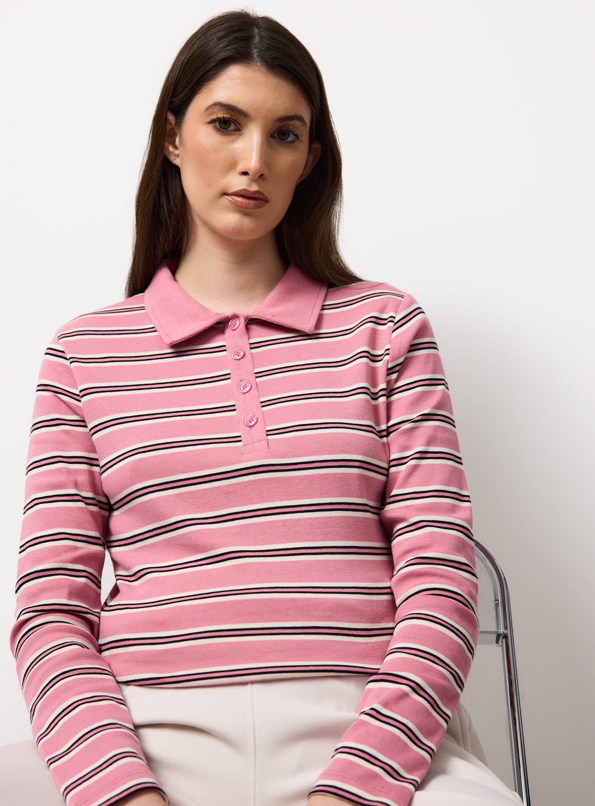 Pink Striped Long Sleeve Polo Shirt 20