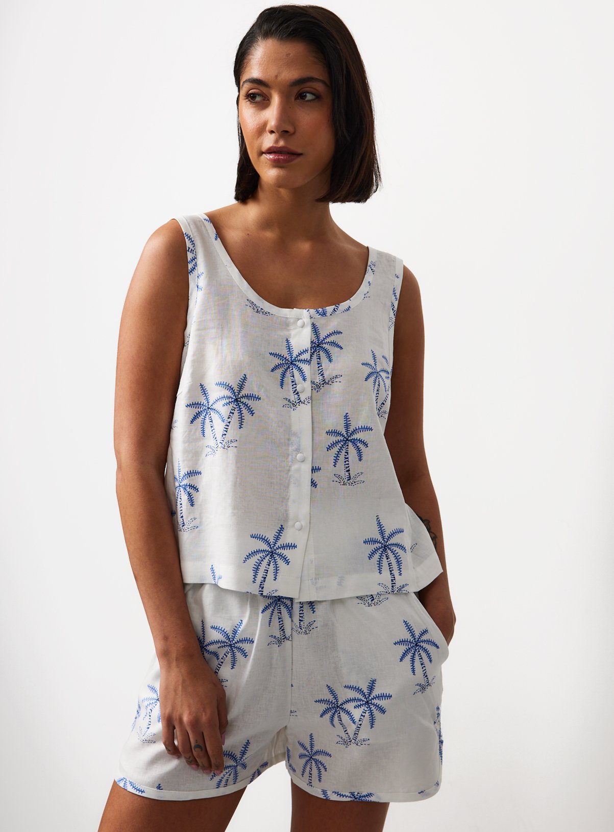 White Palm Print Linen Blend Shortie Pyjamas 