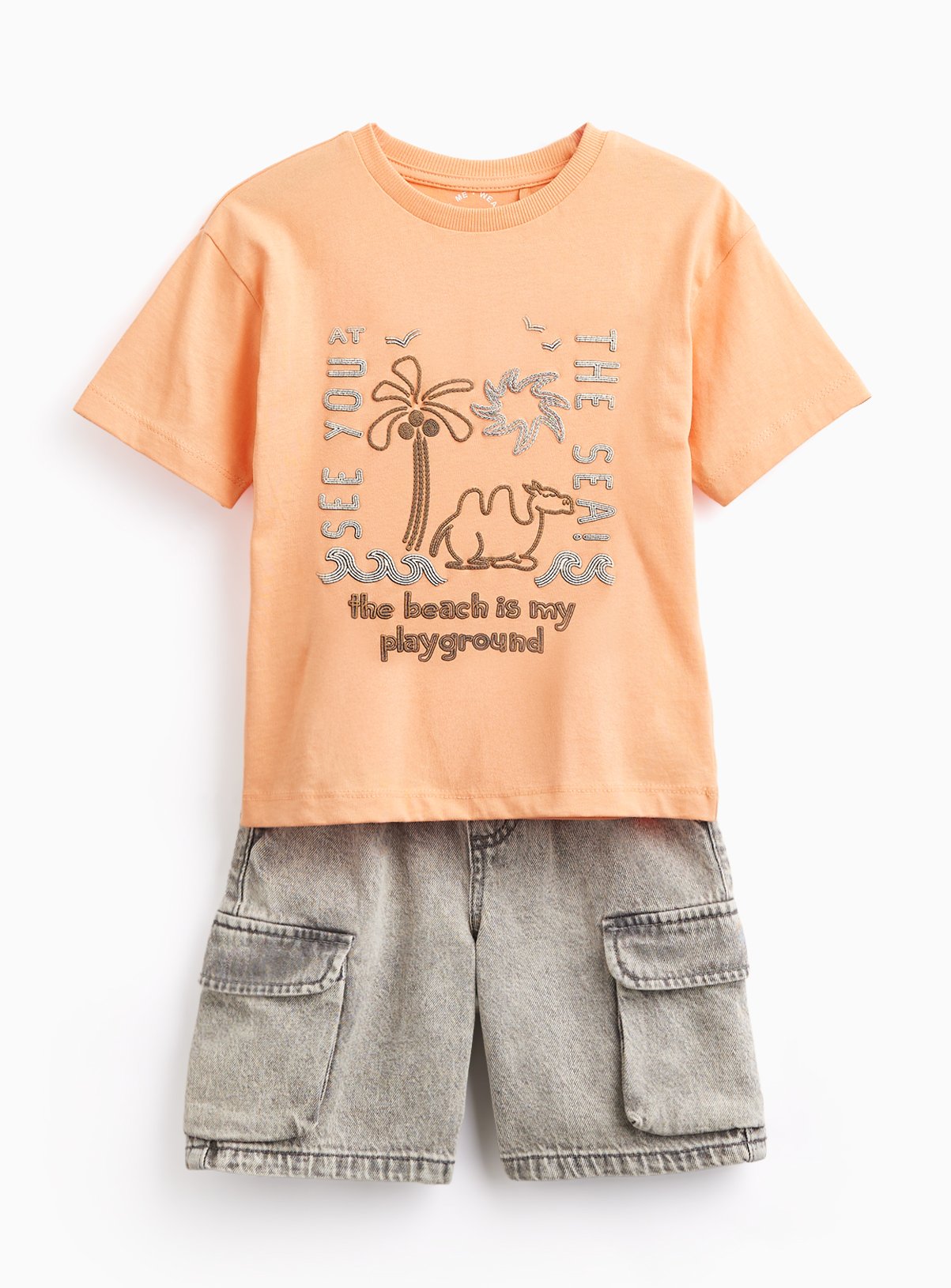 Orange Camel Graphic T-Shirt & Denim Shorts Set 