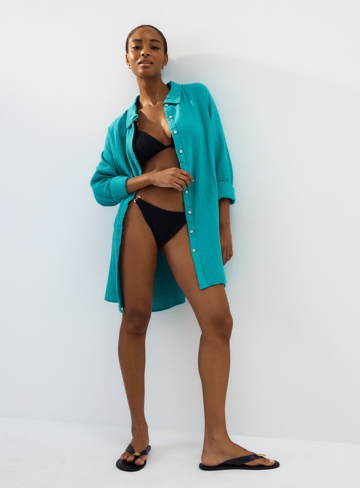 Green Textured Beach Cover Up Shirt 
