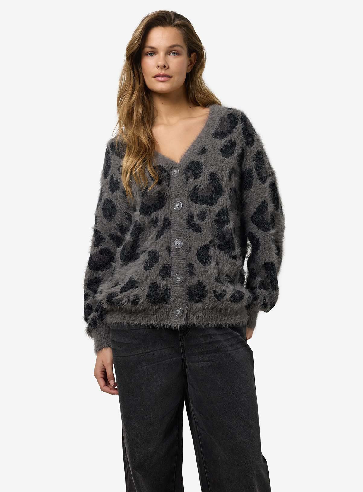 NOISY MAY V Neck Knitted Cardigan In Leopard Print