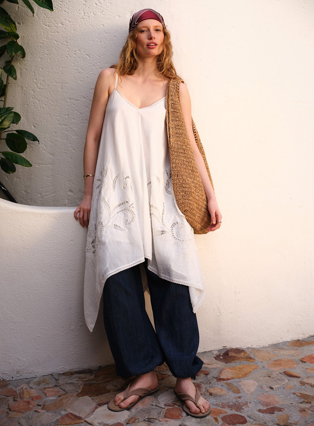 White Lace Cutwork Detail Hanky Hem Cami Dress 