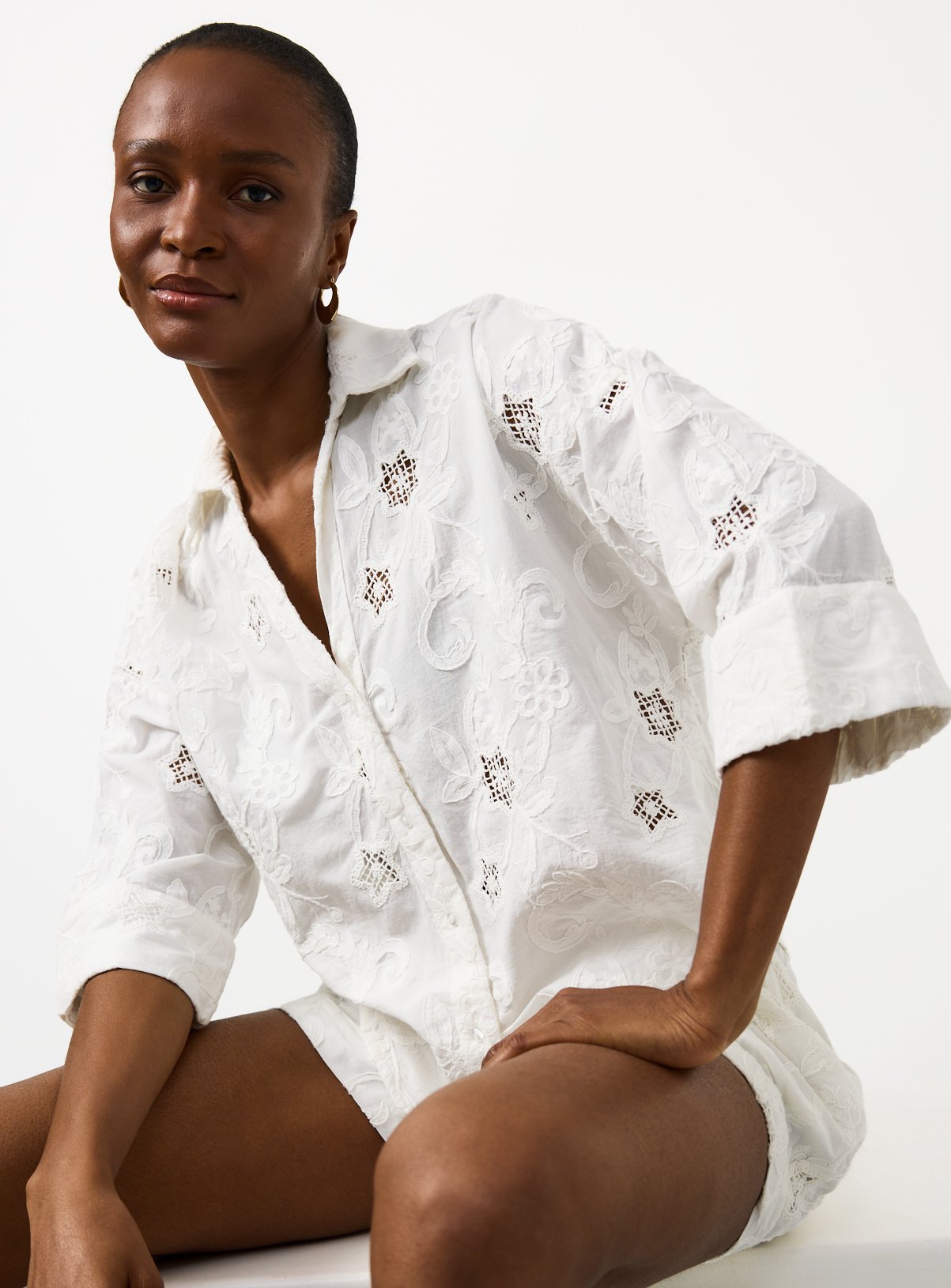 White Lace Broderie Detail Revere Neck Shirt 
