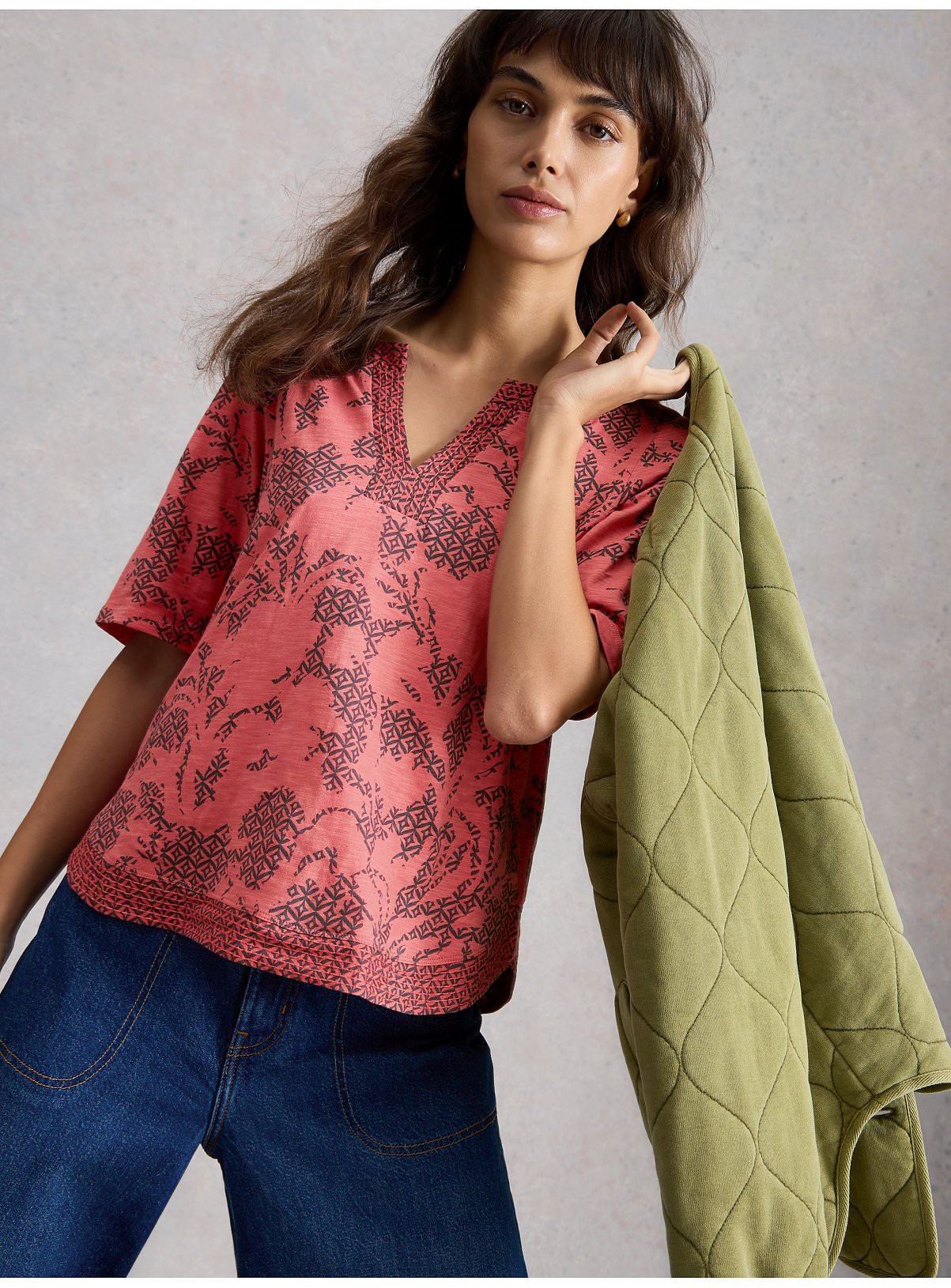 WHITE STUFF Weaver Notch Neck T Shirt Pink