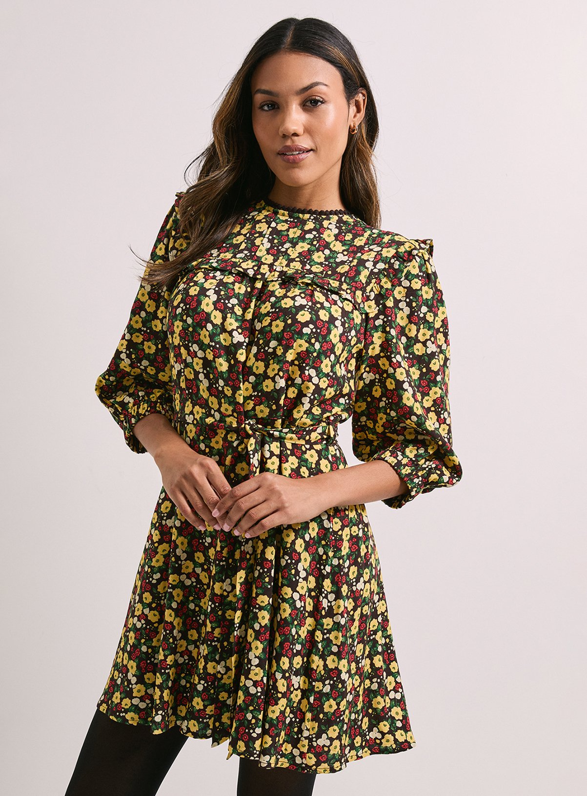 DOROTHY PERKINS Tie Waist Yoke Frill Detail Printed Belted Mini Dress