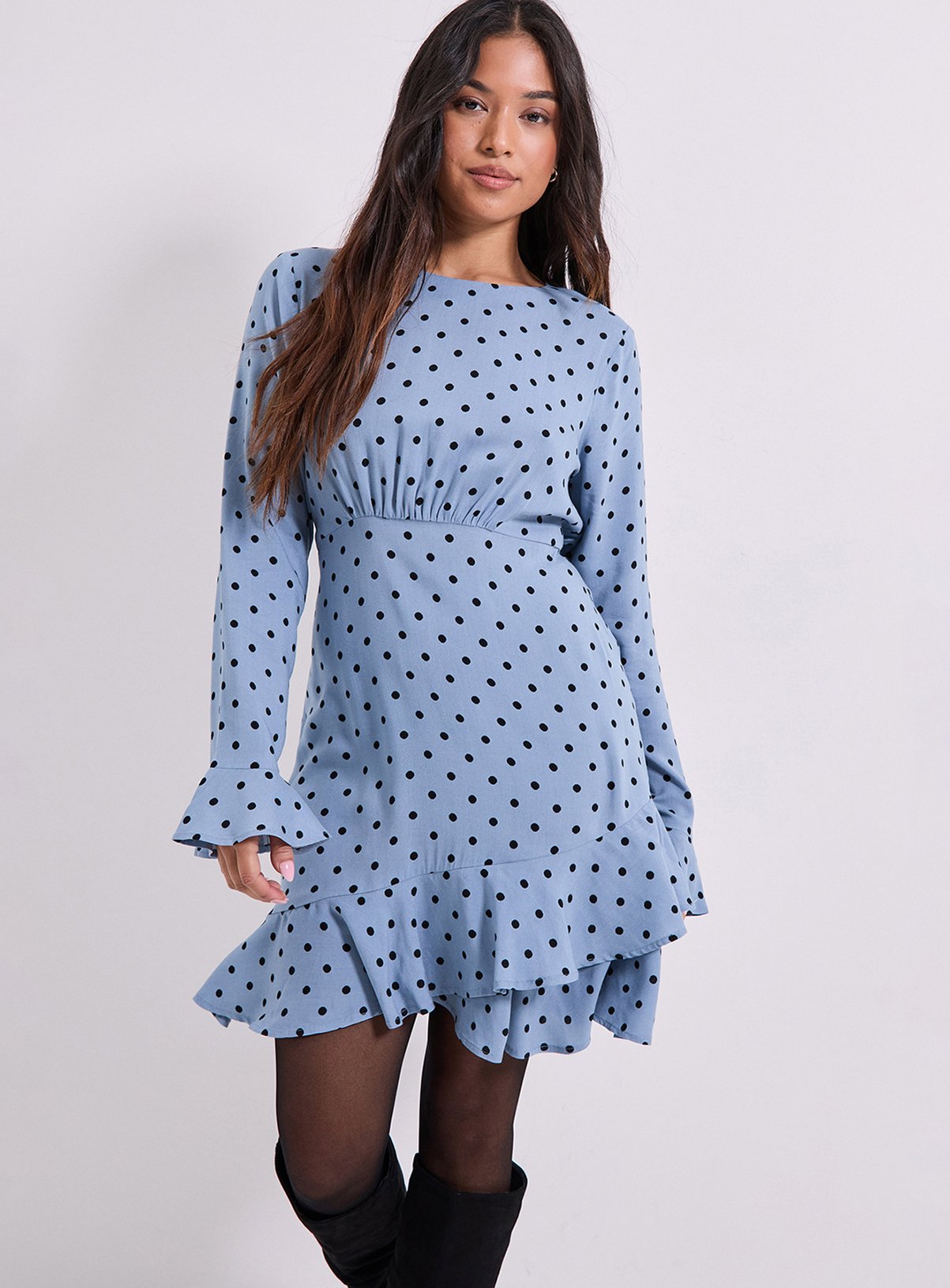 DOROTHY PERKINS Blue Spot Petite Ruffle Sleeve Frill Detail Printed Mini Dress 