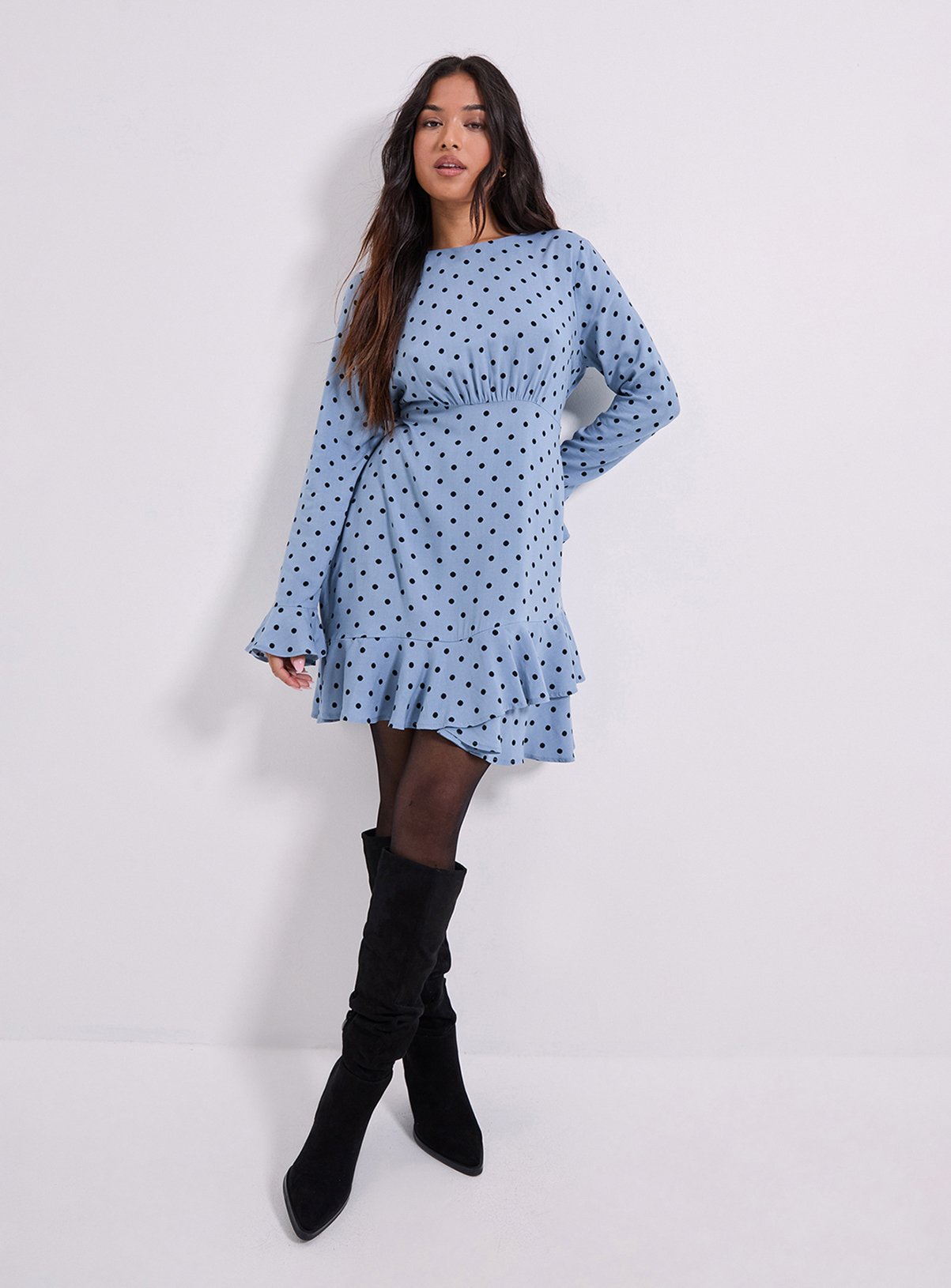 DOROTHY PERKINS Blue Spot Petite Ruffle Sleeve Frill Detail Printed Mini Dresss 