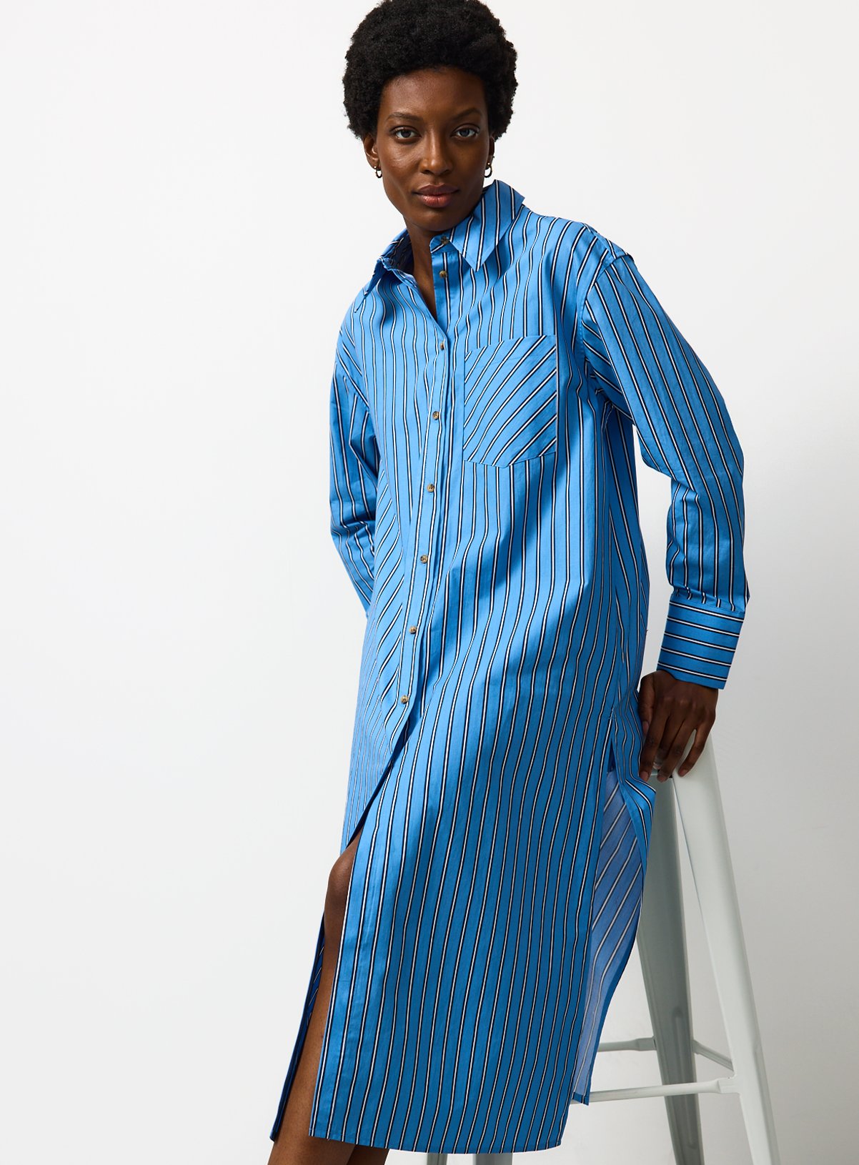 Blue Stripe Poplin Longline Shirt Dress