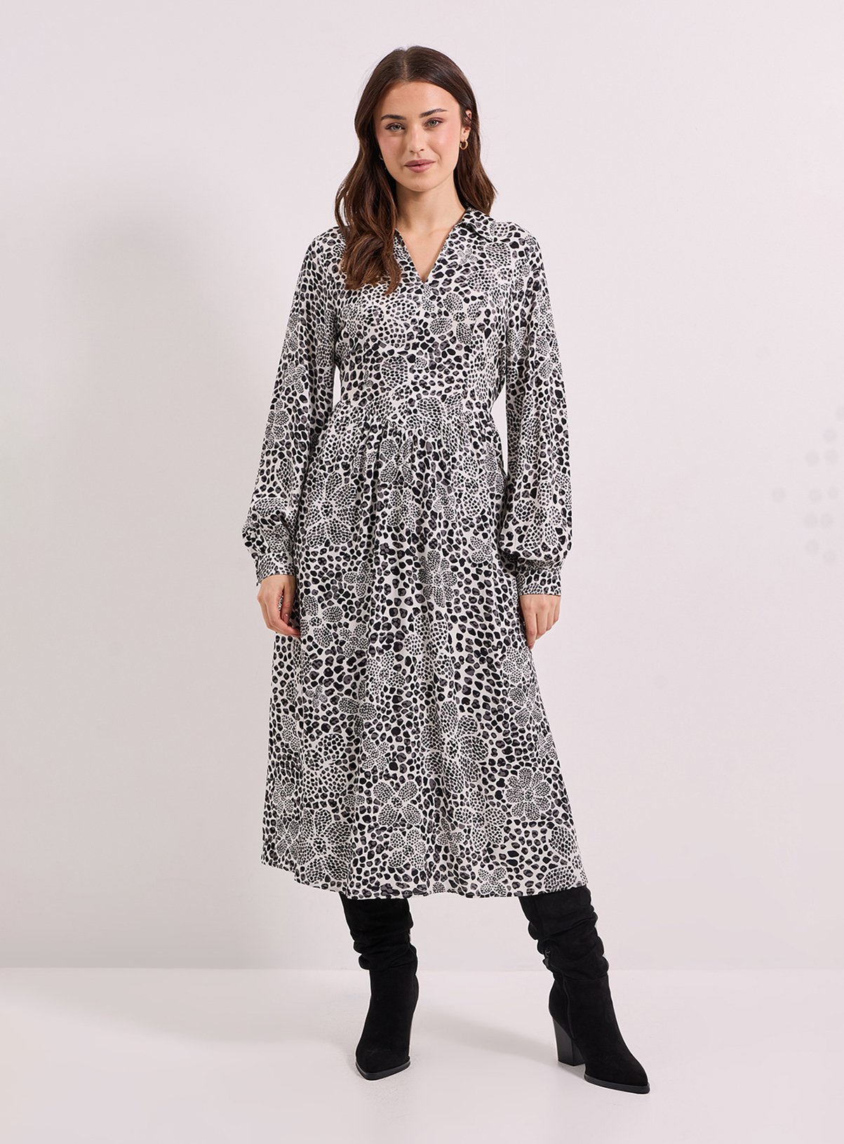 DOROTHY PERKINS Seam Detail Collared Blouson Sleeve Printed Midi Dress 8