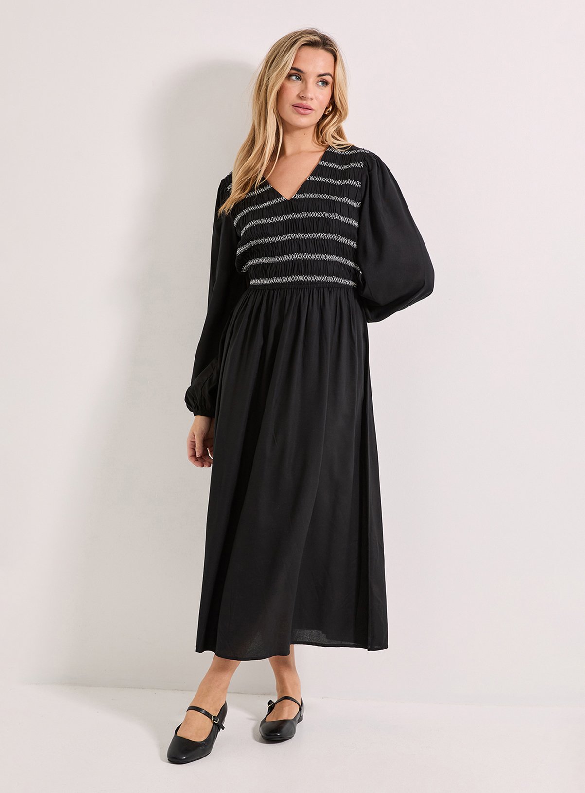 DOROTHY PERKINS Contrast Stitching Shirred Bodice V Neck Midi Dress