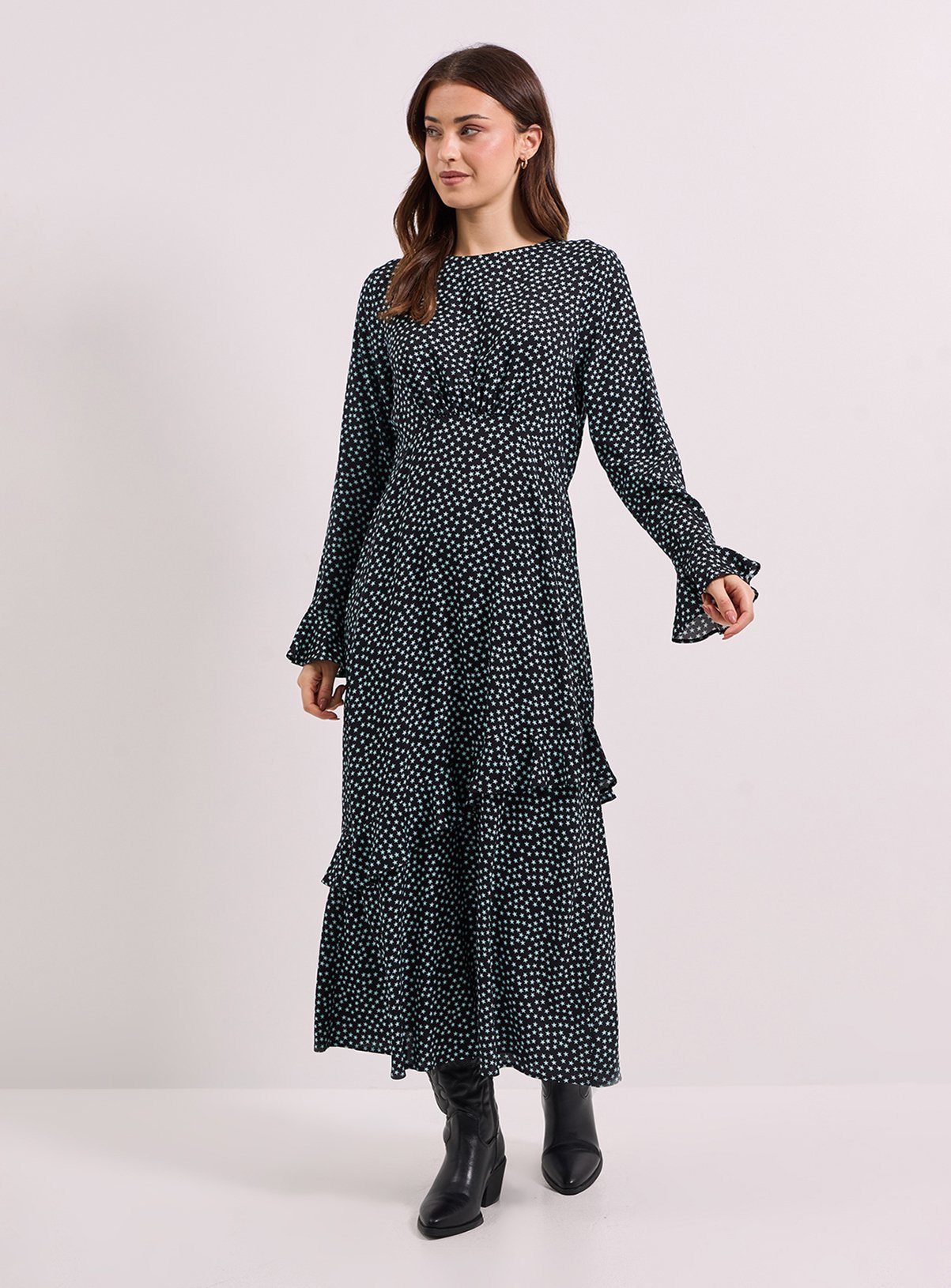 DOROTHY PERKINS Star Frill Sleeve Ruffle Detail Printed Midi Dress 12