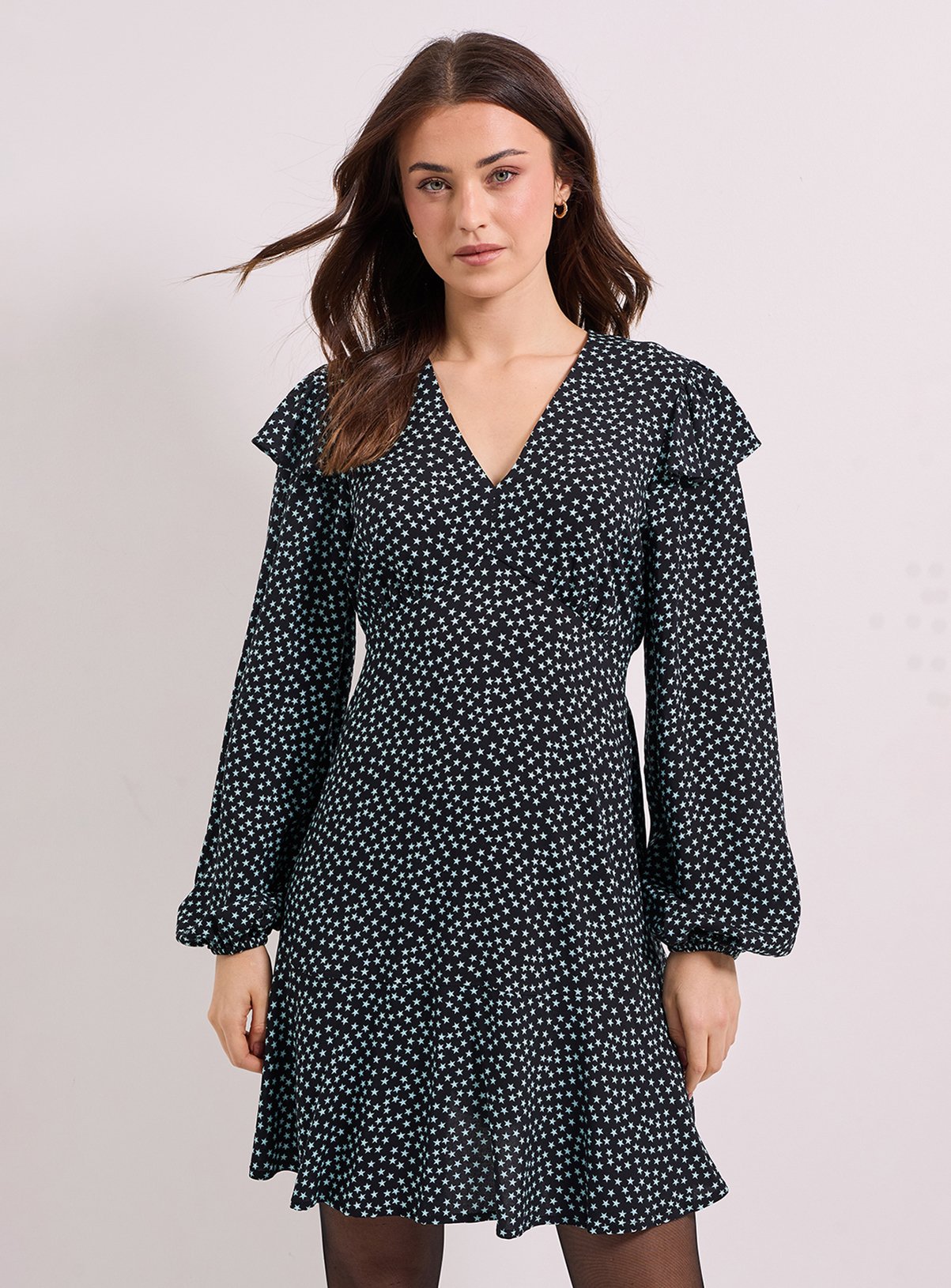 DOROTHY PERKINS Star Frill Detail Blouson Sleeve Tie Back Tiered Printed Mini Dress 14