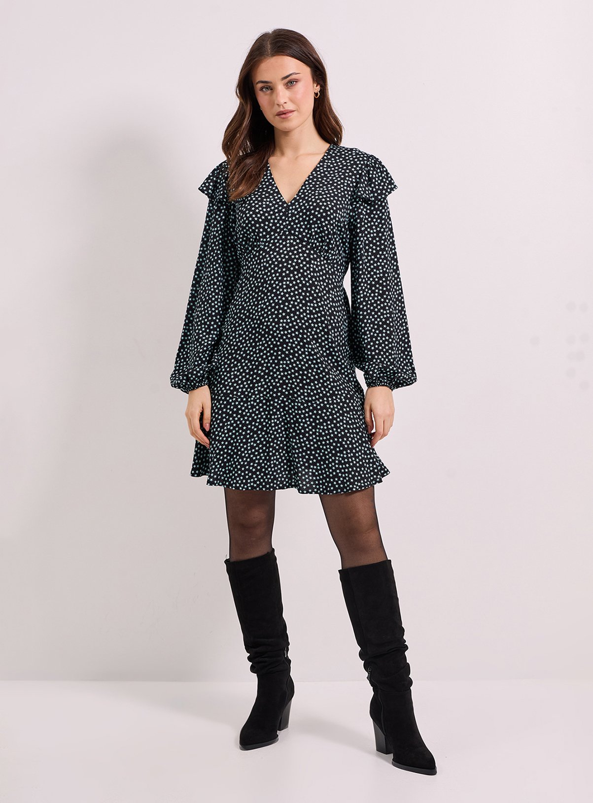 DOROTHY PERKINS Star Frill Detail Blouson Sleeve Tie Back Tiered Printed Mini Dress 