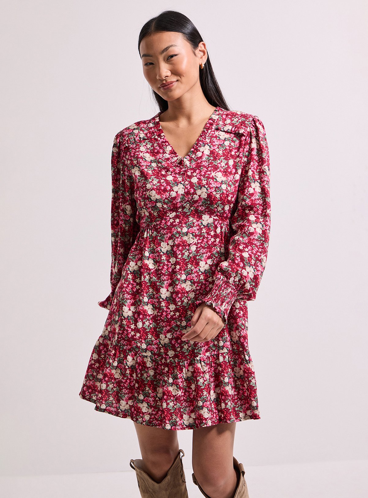 DOROTHY PERKINS Petite Pink Ditsy Frill Detail Tiered Smock Printed Mini Dress 14