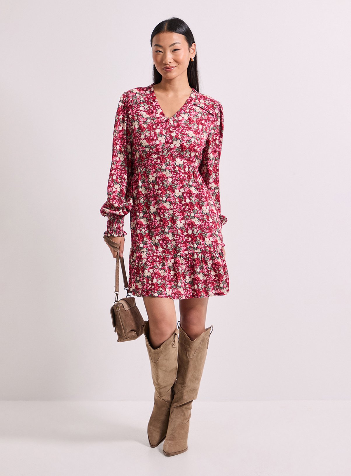 DOROTHY PERKINS Petite Pink Ditsy Frill Detail Tiered Smock Printed Mini Dress 