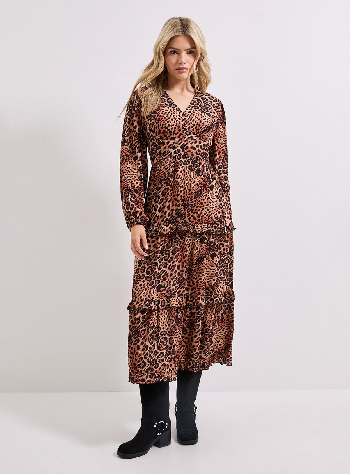 DOROTHY PERKINS Leopard Button Through Blouson Sleeve Tiered Frill Midi Dress 8