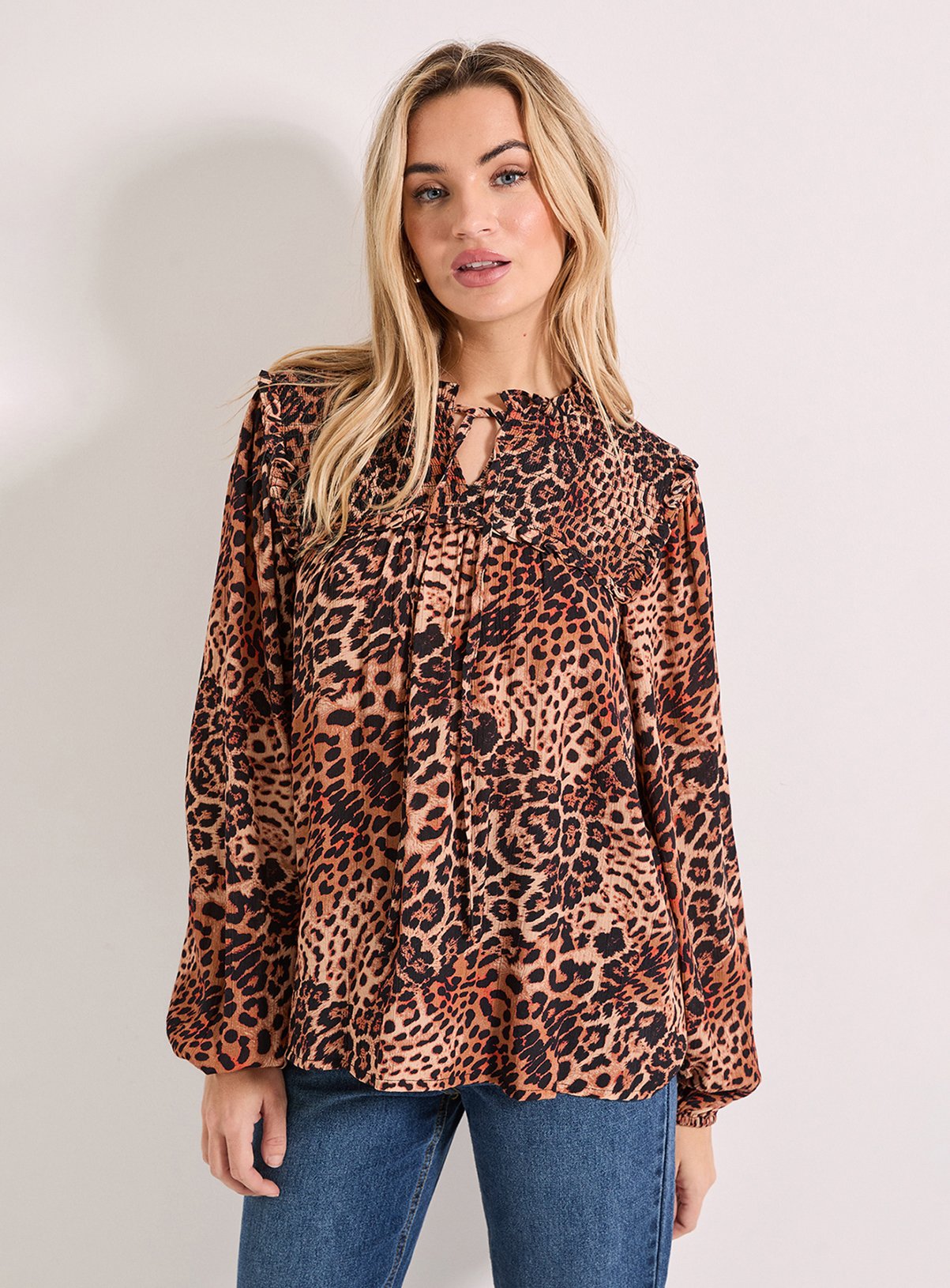 DOROTHY PERKINS Leopard Smocked Yoke Tie Detail Blouson Sleeve Printed Top 