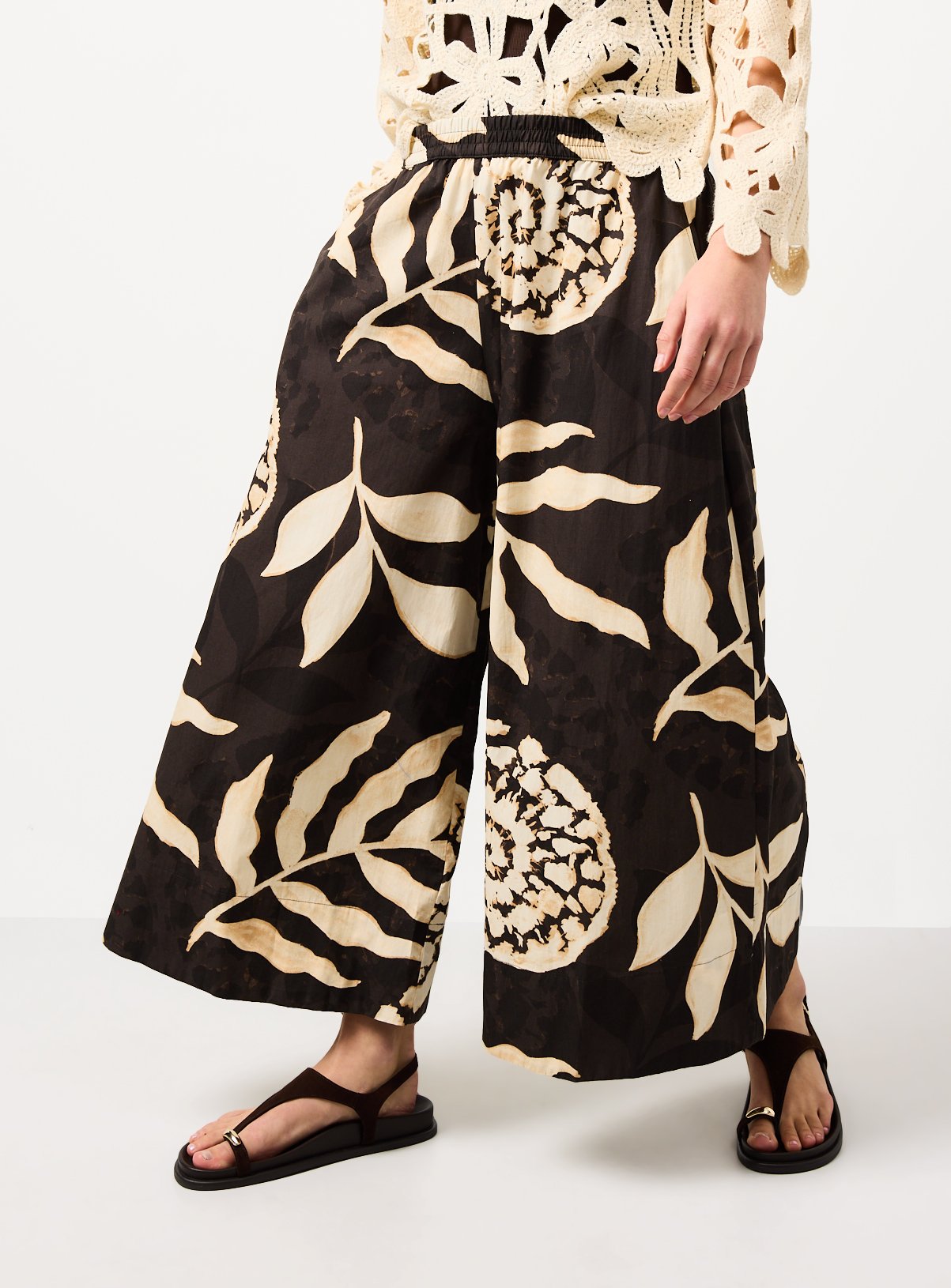 Brown Shell Print Poplin Palazzo Trousers