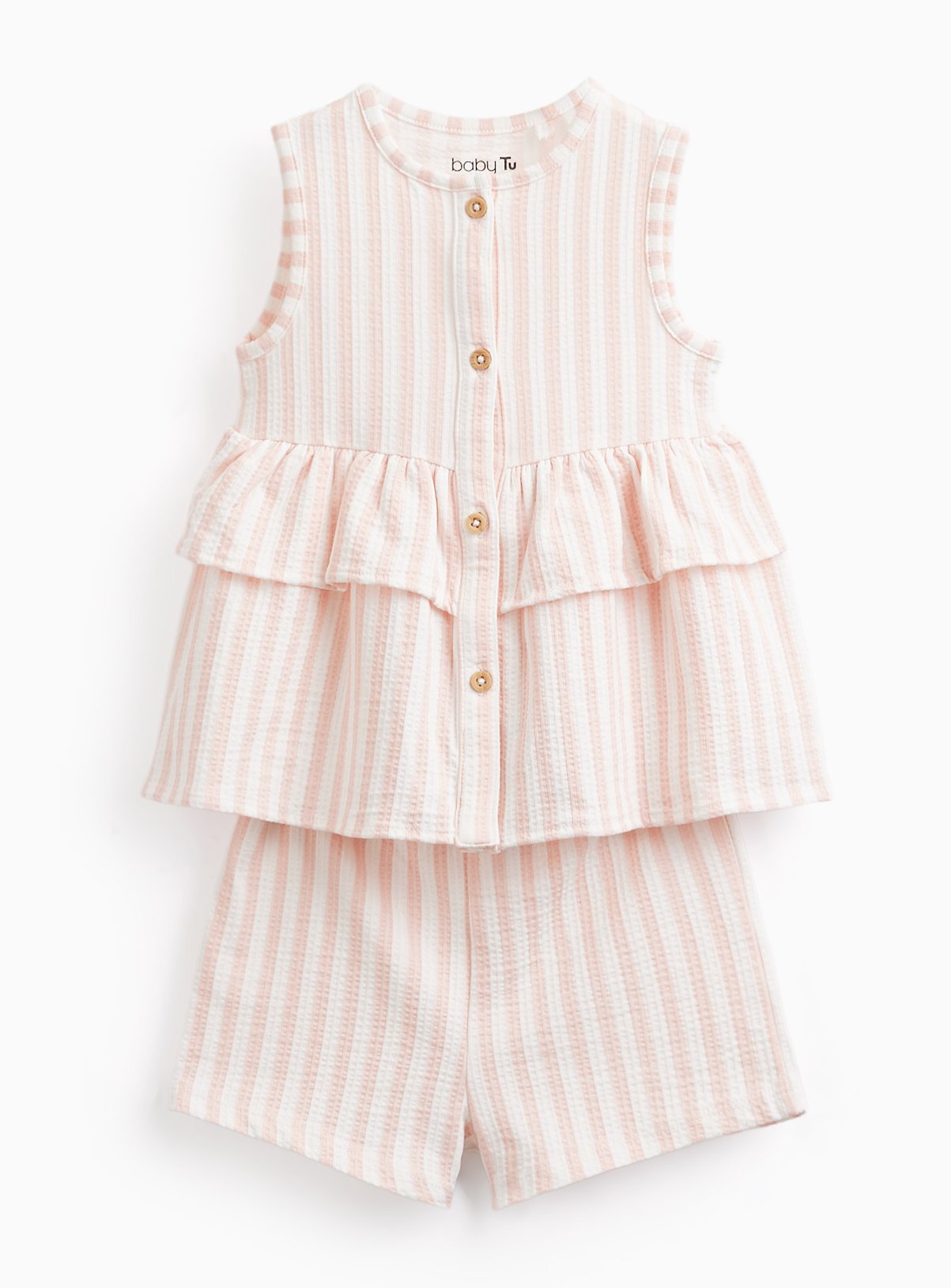 Pink Stripe Print Frill Detail Top & Shorts Set 