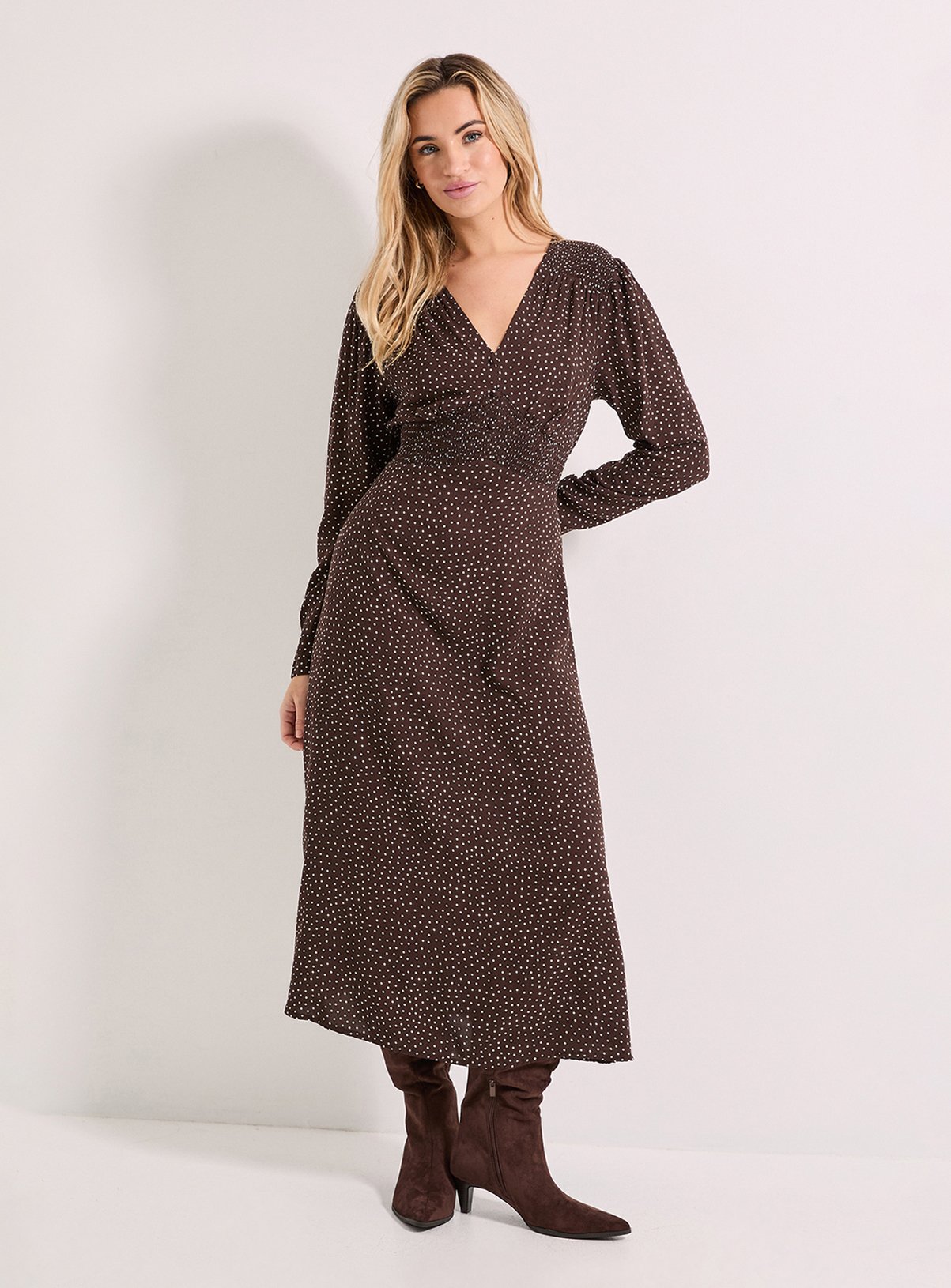 DOROTHY PERKINS Chocolate Pinspot Shirred Waist Button Detail Printed Midi Dress 