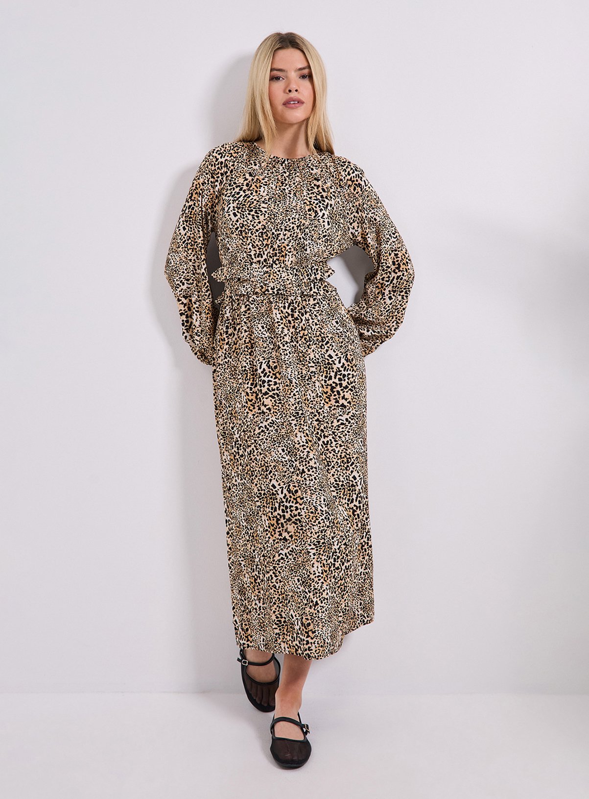 DOROTHY PERKINS Animal Frill Waist Detail Blouson Sleeve Midi Dress 14