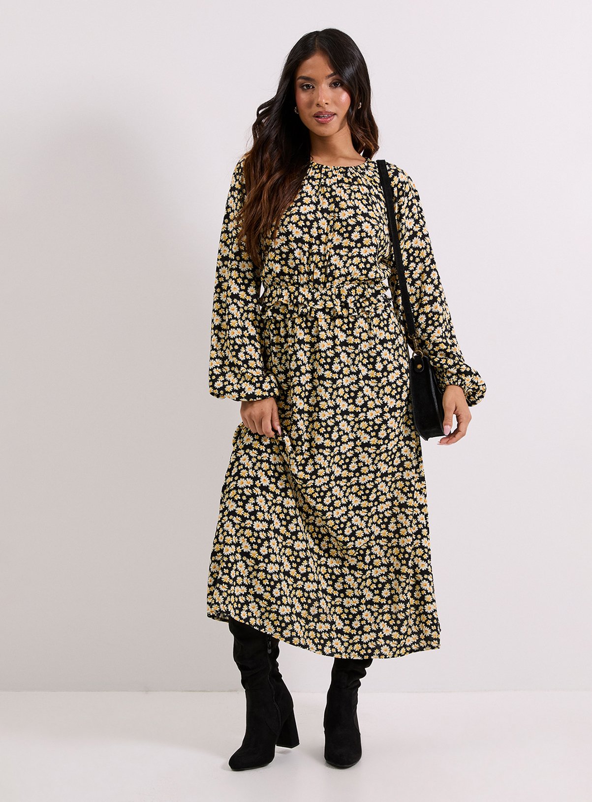 DOROTHY PERKINS Petite Black Daisy Frill Wait Detail Blouson Sleeve Midi Dress 