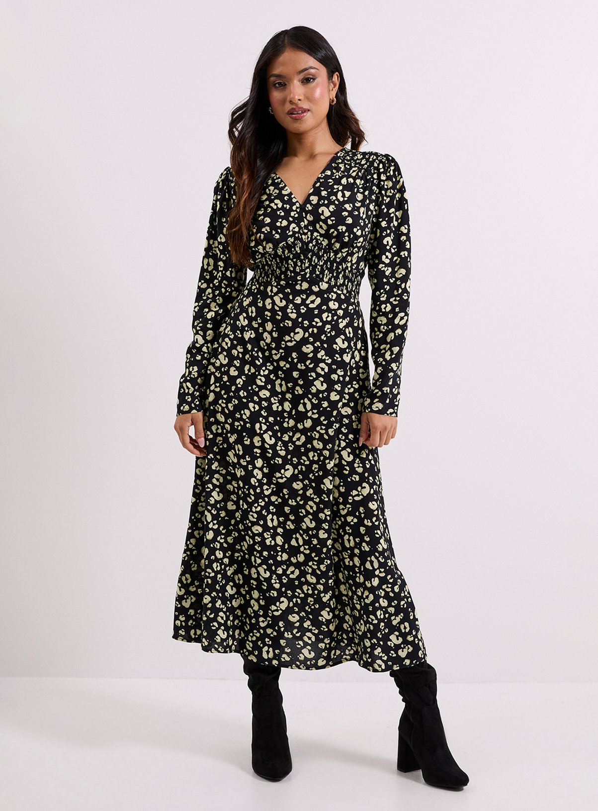 DOROTHY PERKINS Petite Yellow Animal Shirred Waist Button Detail Midi Dress