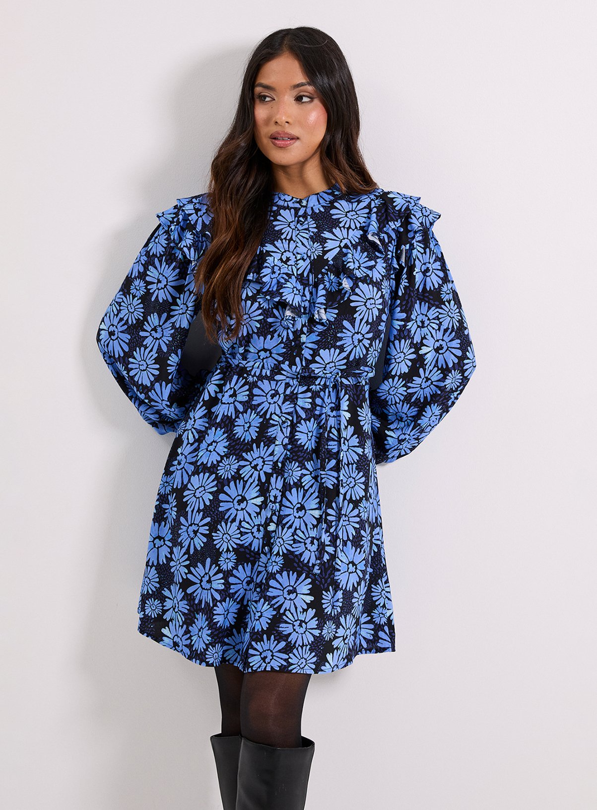 DOROTHY PERKINS Petite Blue Daisy Frill Yoke Belted Mini Shirt Dress 