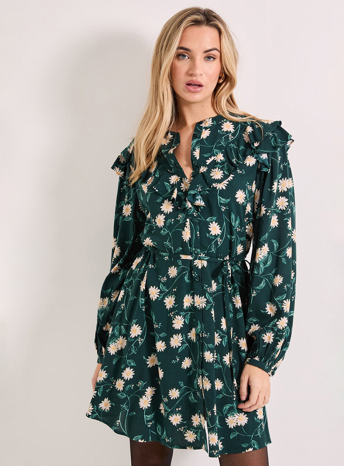 DOROTHY PERKINS Daisy Frill Yoke Belted Mini Shirt Dress 8