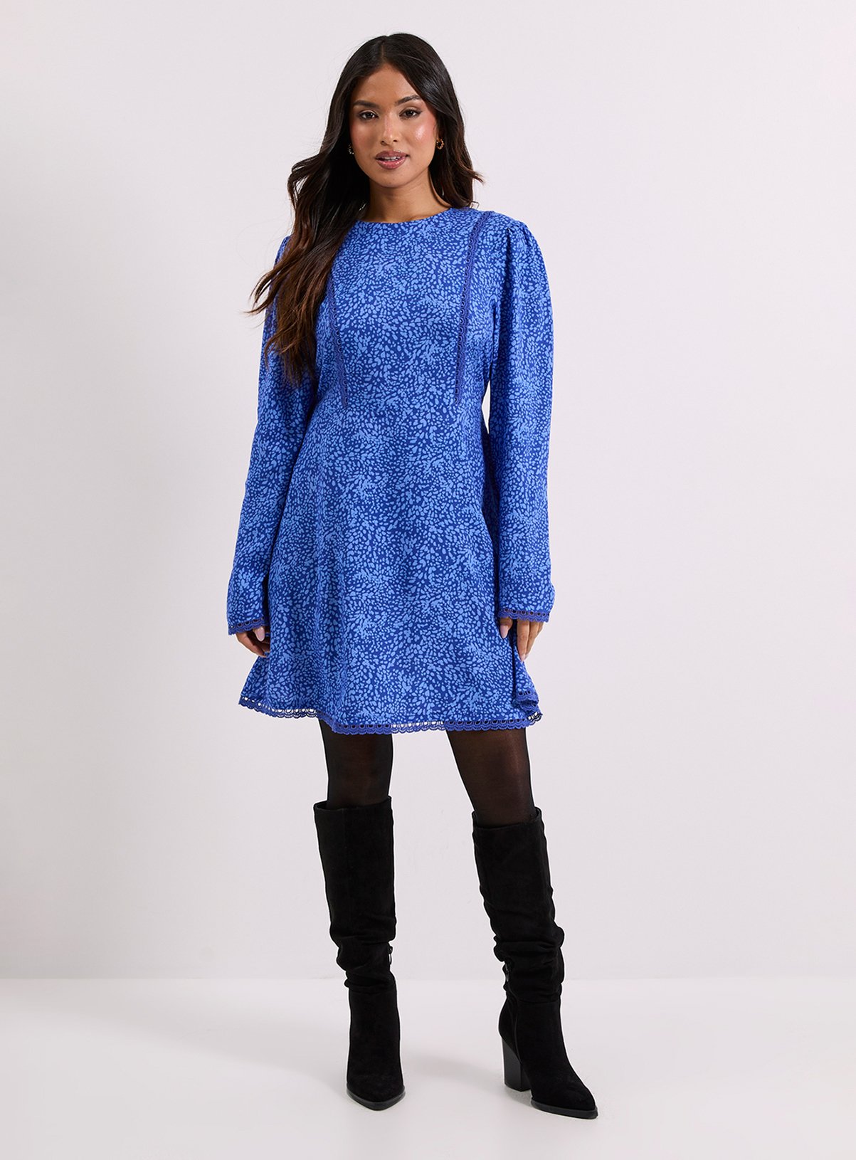 DOROTHY PERKINS Petite Blue Animal Lace Trim Detail Tie Back Printed Mini Dress 