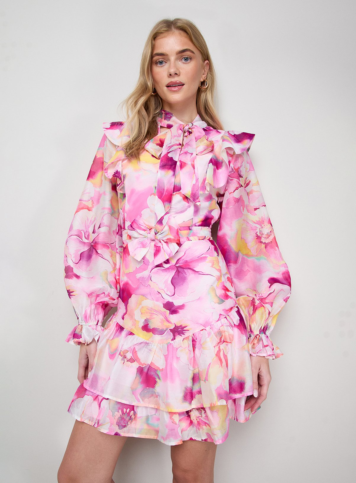 OASIS Tie Neck Ruffle Fit And Flare Mini Dress 