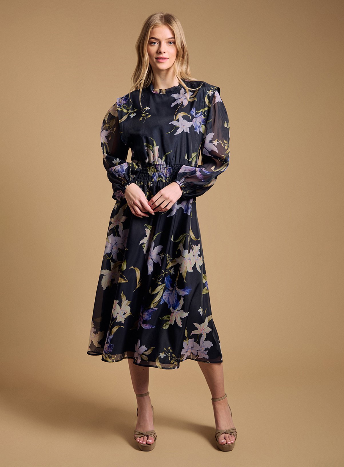 OASIS Floral Organza Shirred Waist Midi Dress 