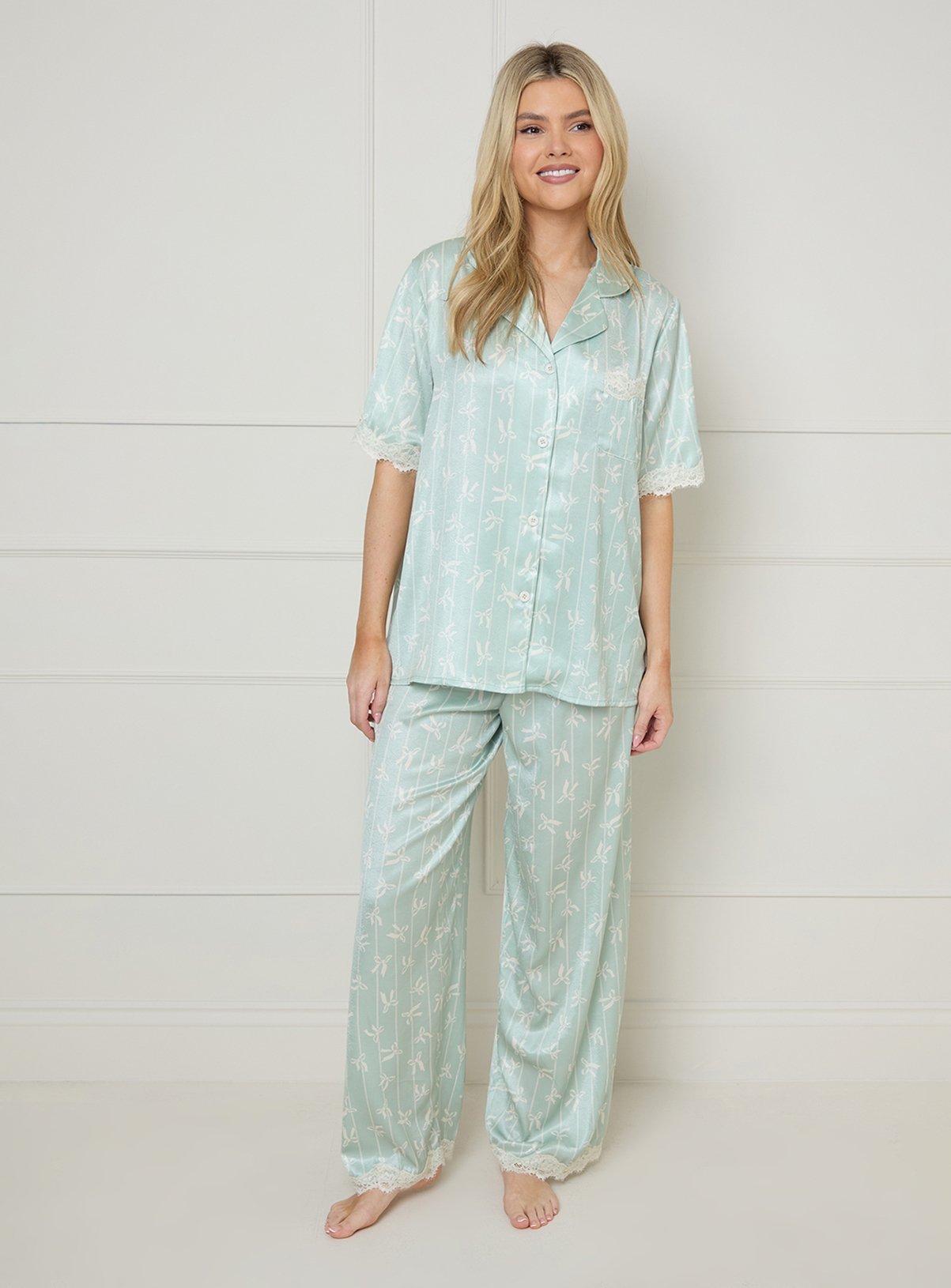 OASIS Sage Bows Lace Trim Nightwear Trouser Set S