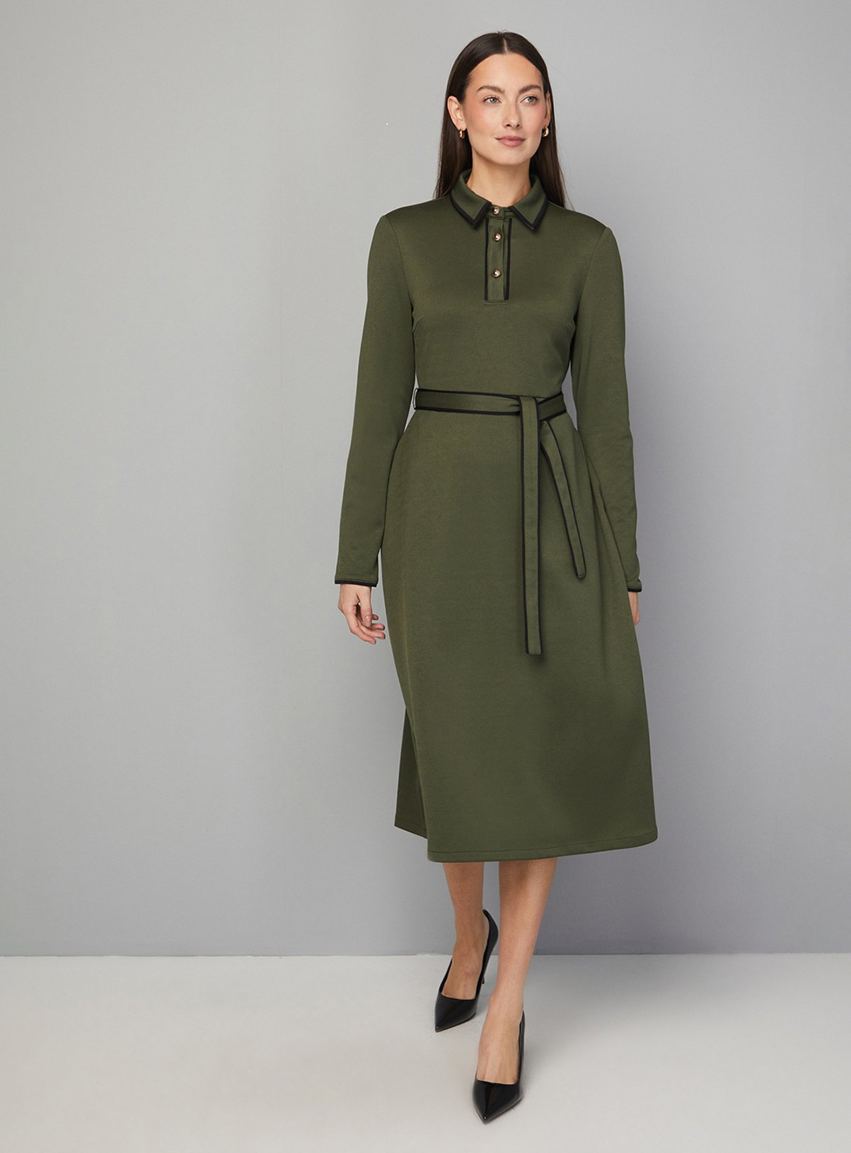 WALLIS Ponte Collar Contrast Midi Dress Khaki 