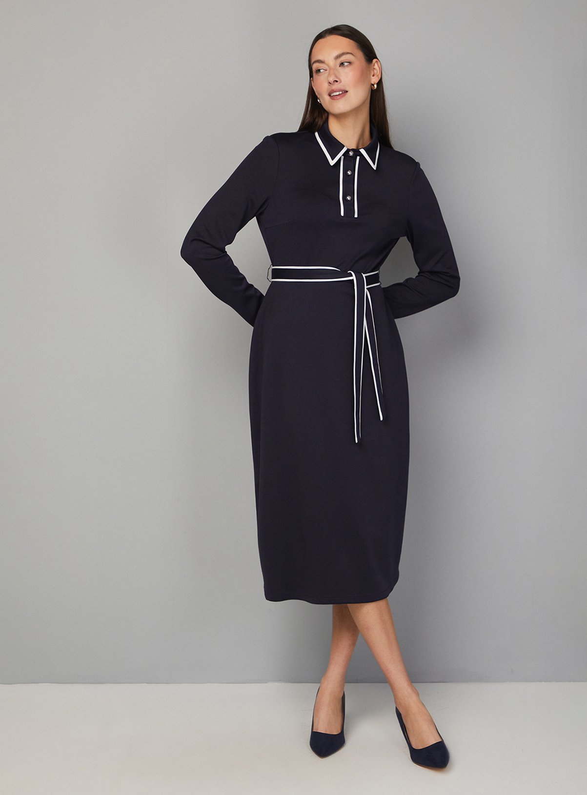 WALLIS Ponte Collar Contrast Midi Dress Navy 