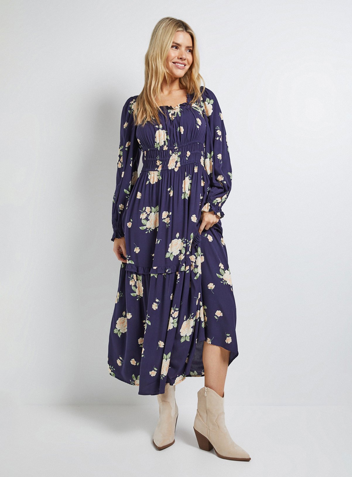 DOROTHY PERKINS Navy Floral Square Neck Blouson Sleeve Tiered Maxi Dress 