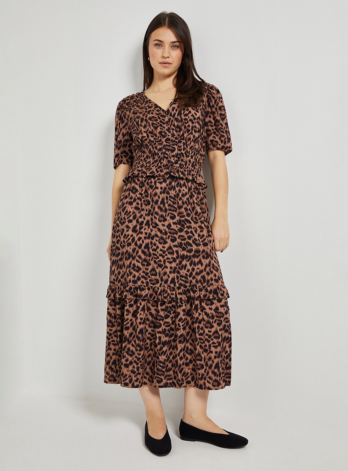 DOROTHY PERKINS Leopard Empire Shirred Bodice Button Detail Maxi Dress 16