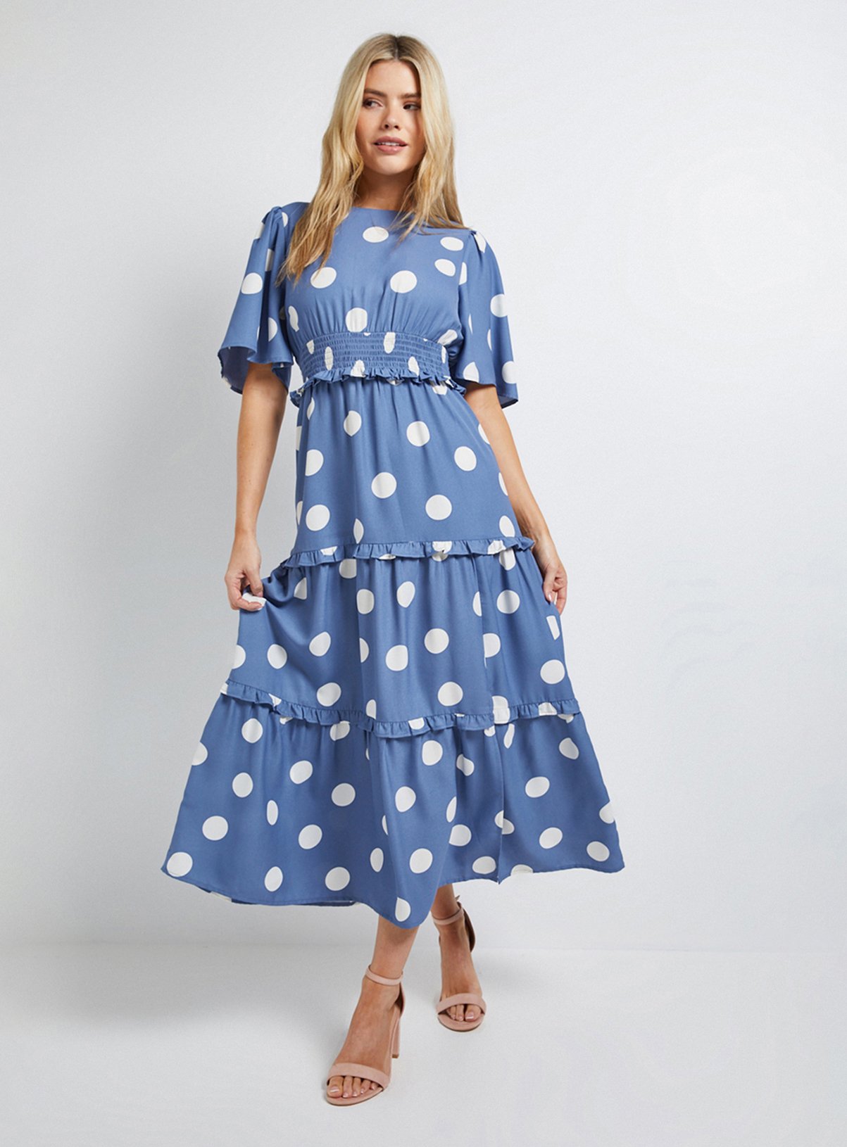 DOROTHY PERKINS Blue Spot Shirred Waist Angel Sleeve Tiered Maxi Dress 14