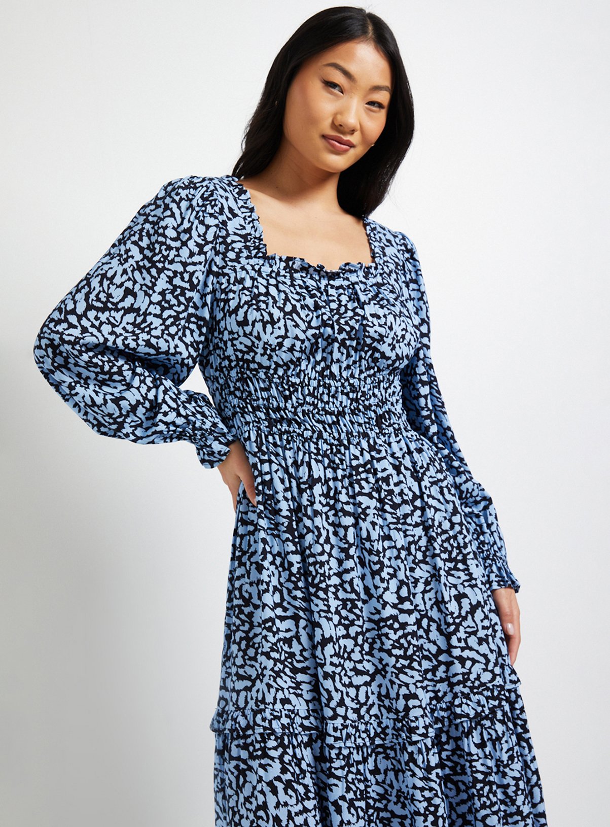 DOROTHY PERKINS Petite Blue Square Neck Blouson Sleeve Tiered Maxi Dress