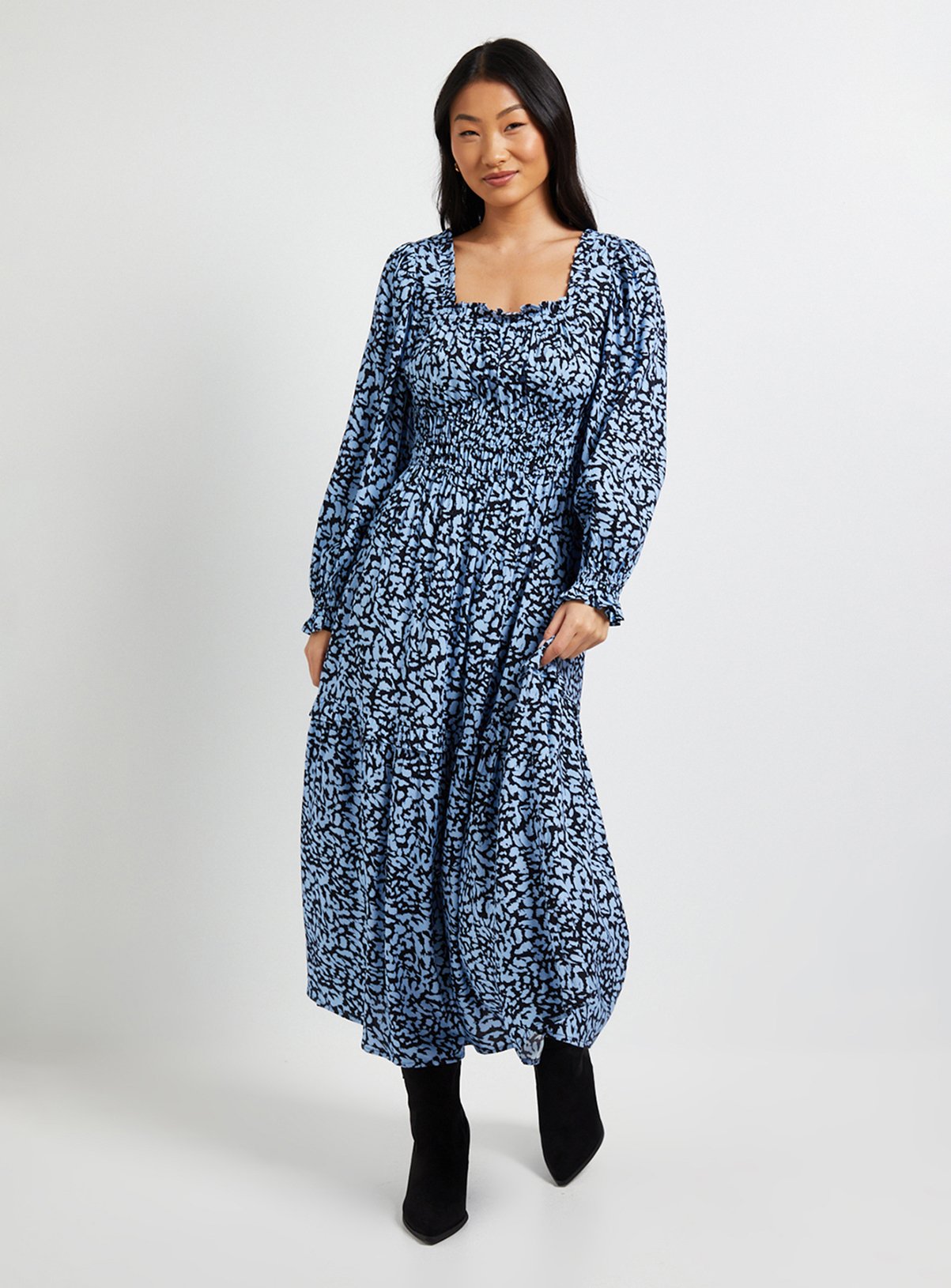 DOROTHY PERKINS Petite Blue Square Neck Blouson Sleeve Tiered Maxi Dress 