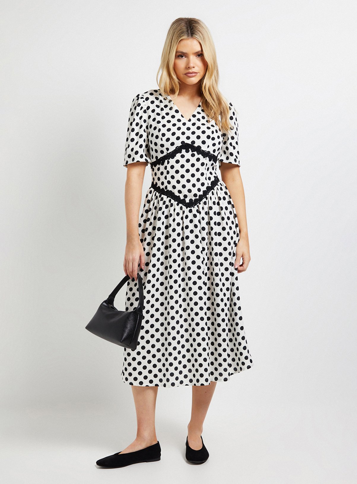 DOROTHY PERKINS Mono Spot Lace Detail Dropped Waist V Neck Printed Midi Dress 
