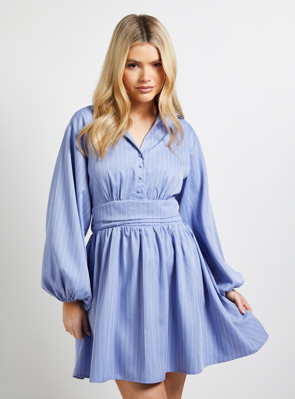 DOROTHY PERKINS Pinstripe Collar Detail Gathered Waist Mini Dress 8