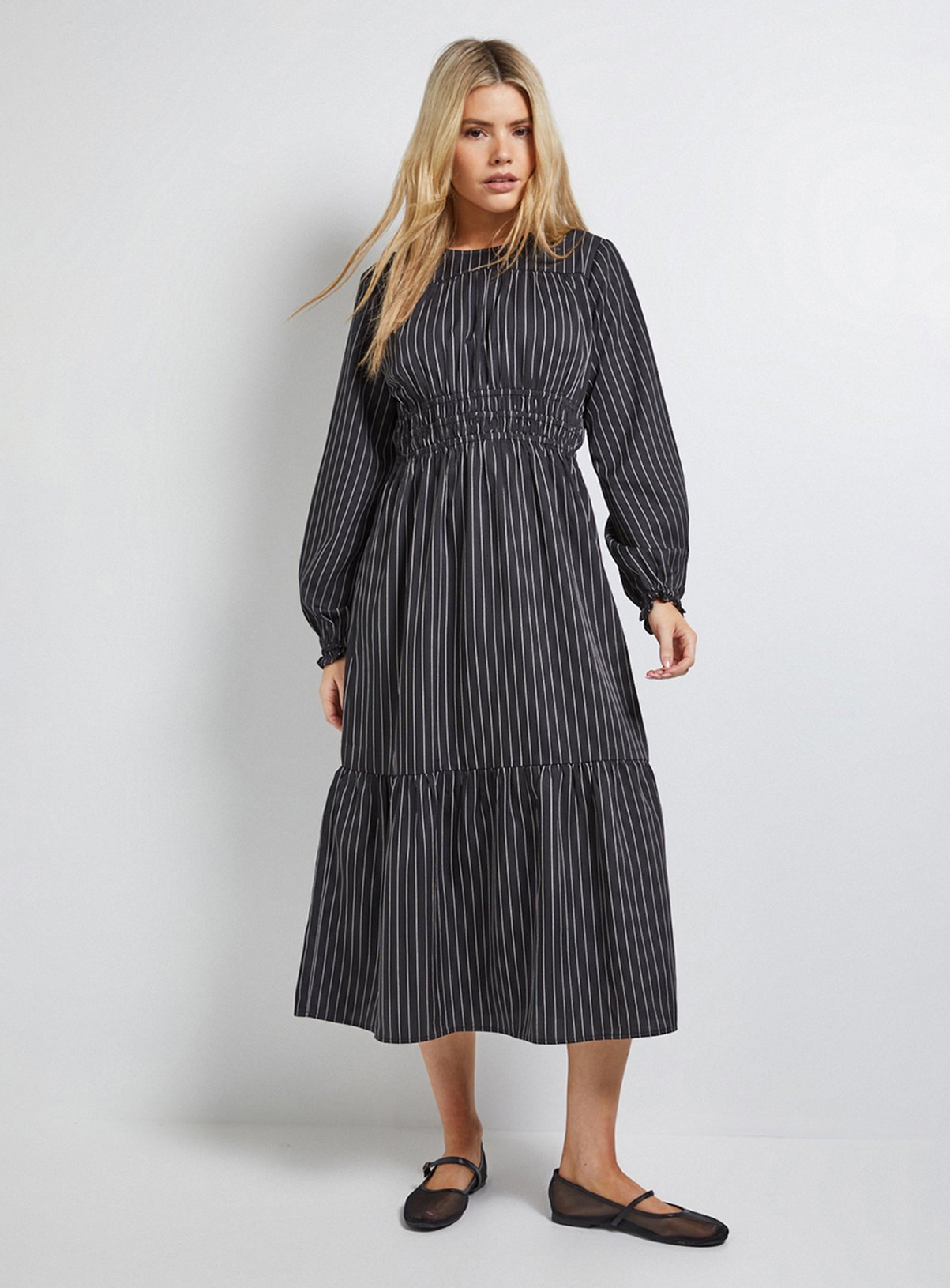 DOROTHY PERKINS Shirred Bodice Tiered Stripe Midi Dress Black