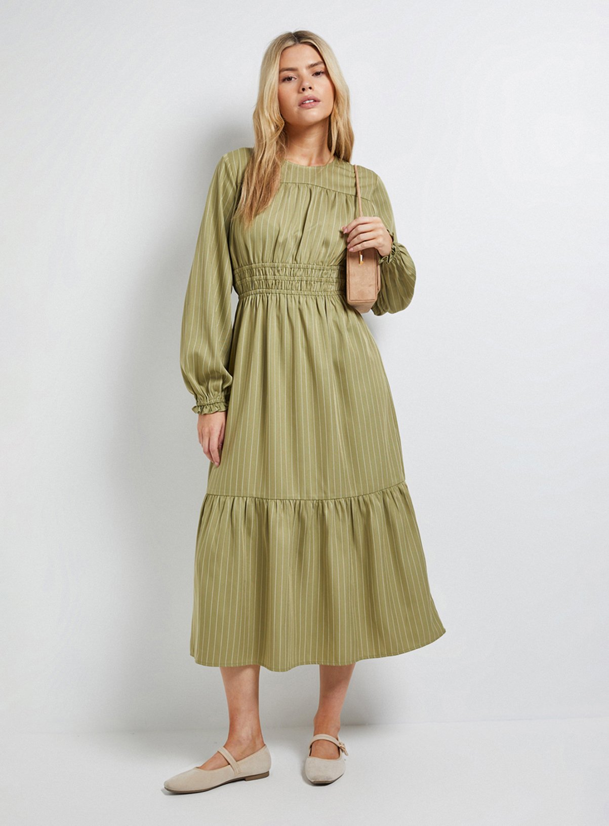 DOROTHY PERKINS Shirred Bodice Tiered Stripe Midi Dress Green 