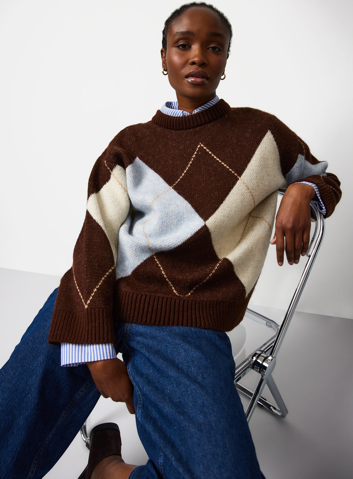 Brown Oversized Argyle Jumper 